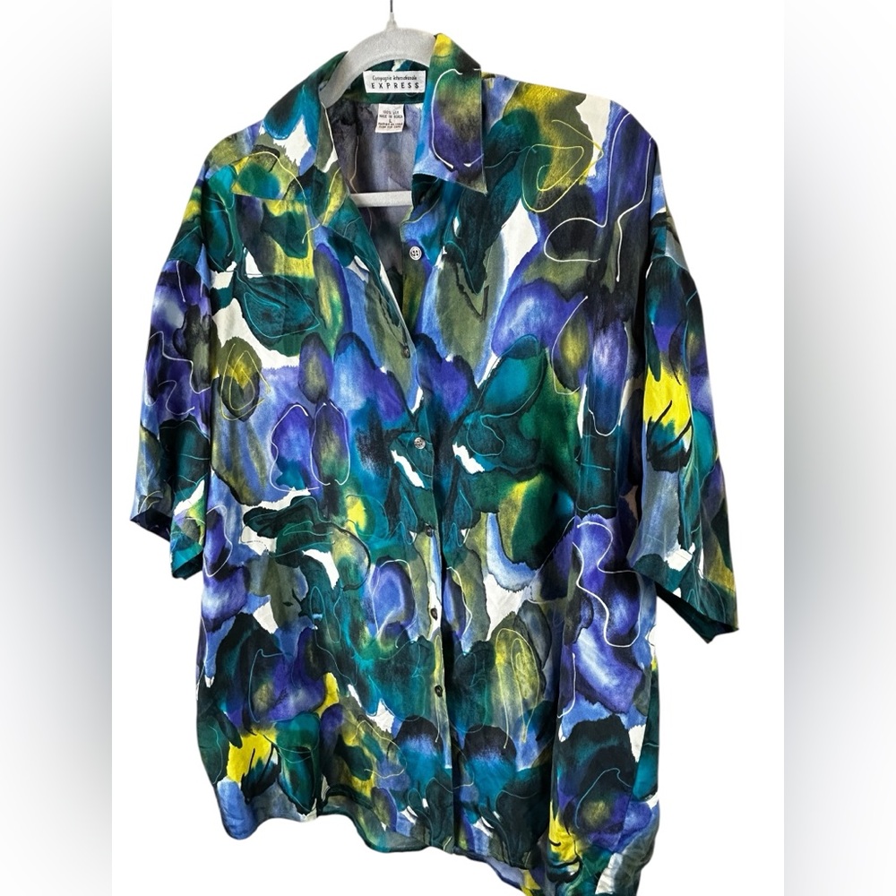 Express 90s vintage Silk Abstract Art-Wear Floral Oversized Tunic Shirt Top